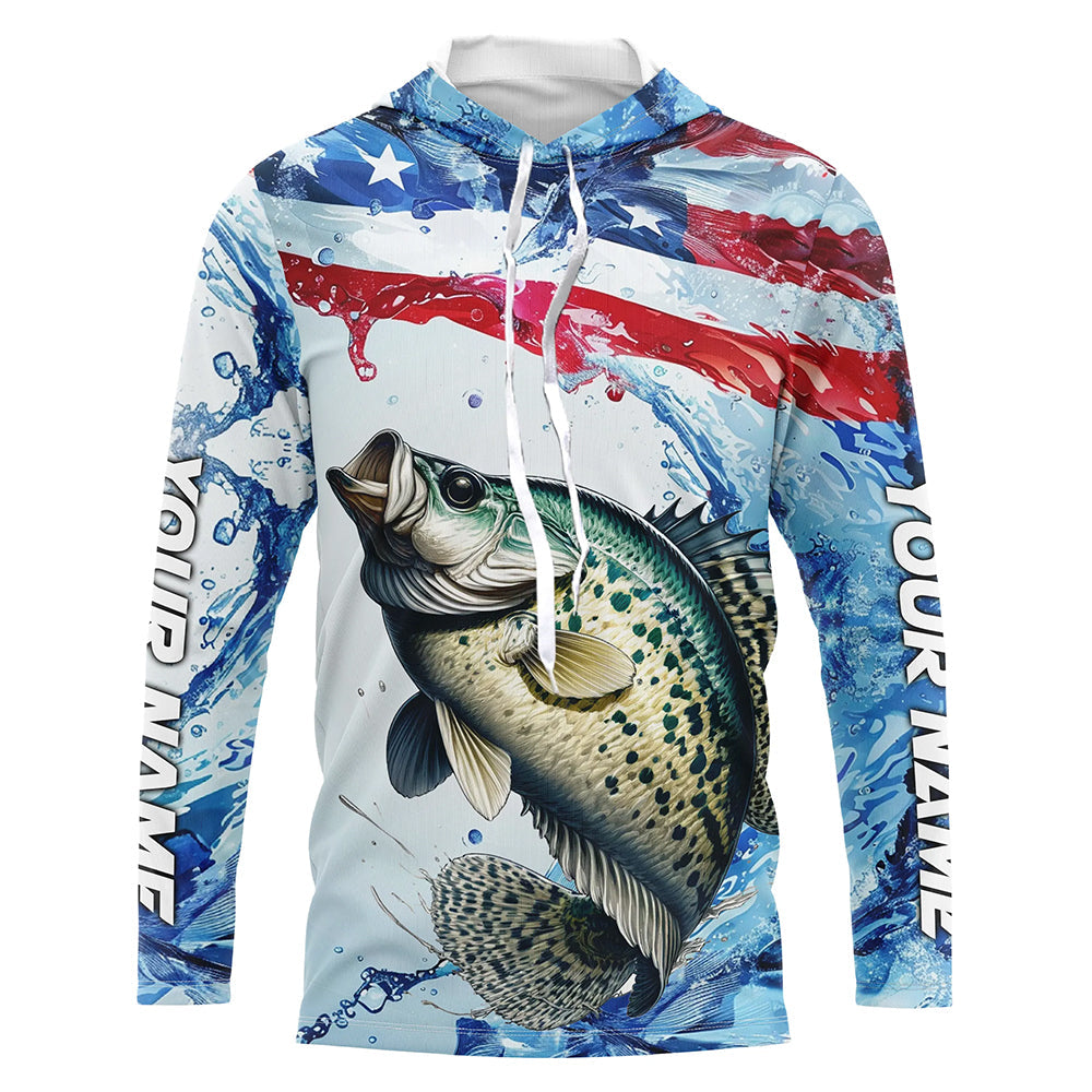 Personalized Patriotic Crappie Long Sleeve Fishing Shirts, American Flag Fishing Shirts IPHW7187