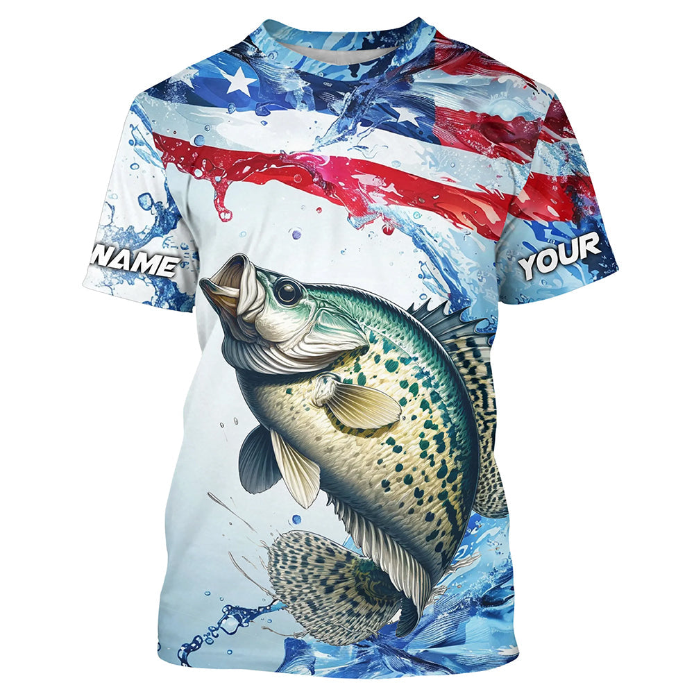 Personalized Patriotic Crappie Long Sleeve Fishing Shirts, American Flag Fishing Shirts IPHW7187