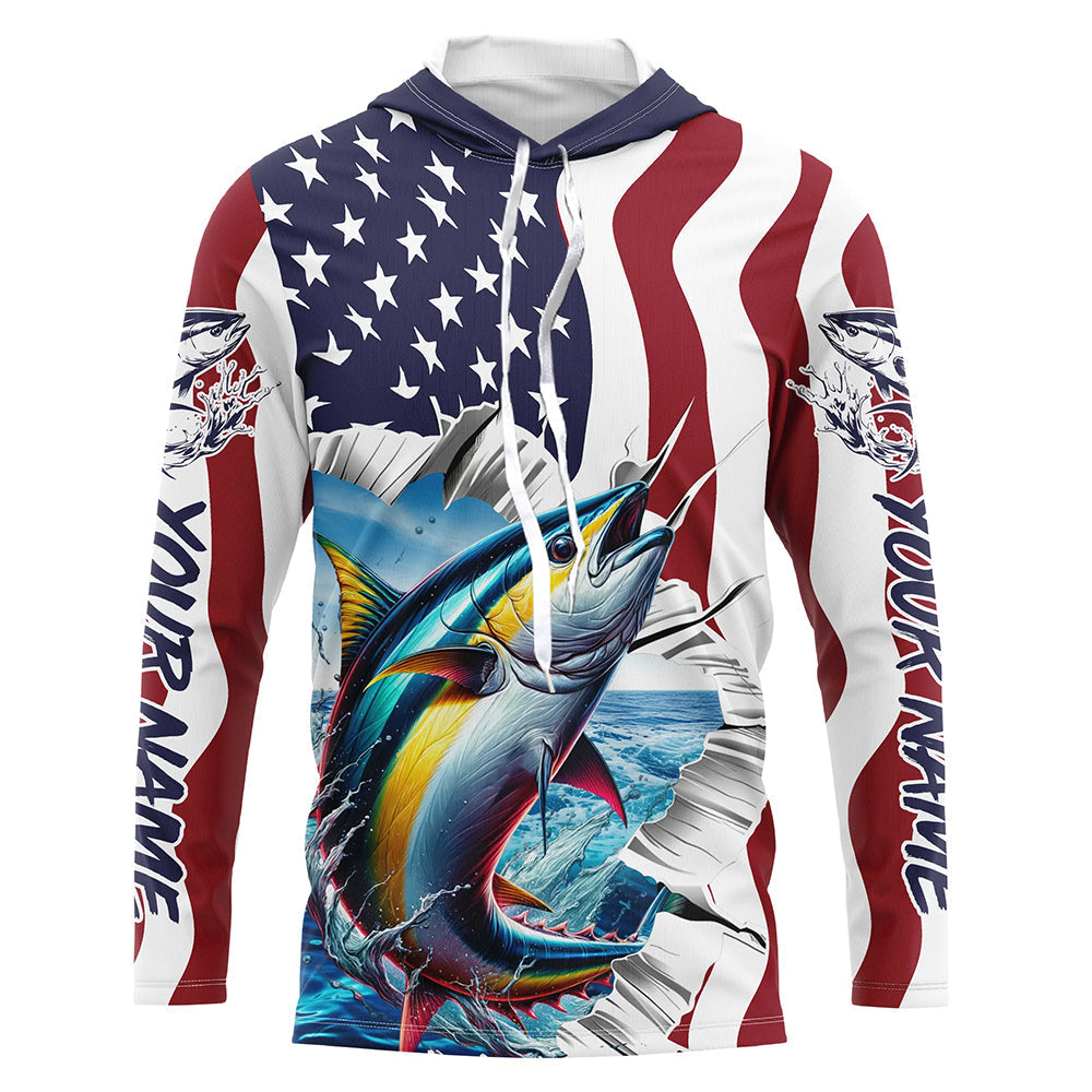 Personalized American Flag Tuna Long Sleeve Fishing Shirts, Patriotic Tuna Fishing Jerseys IPHW6116