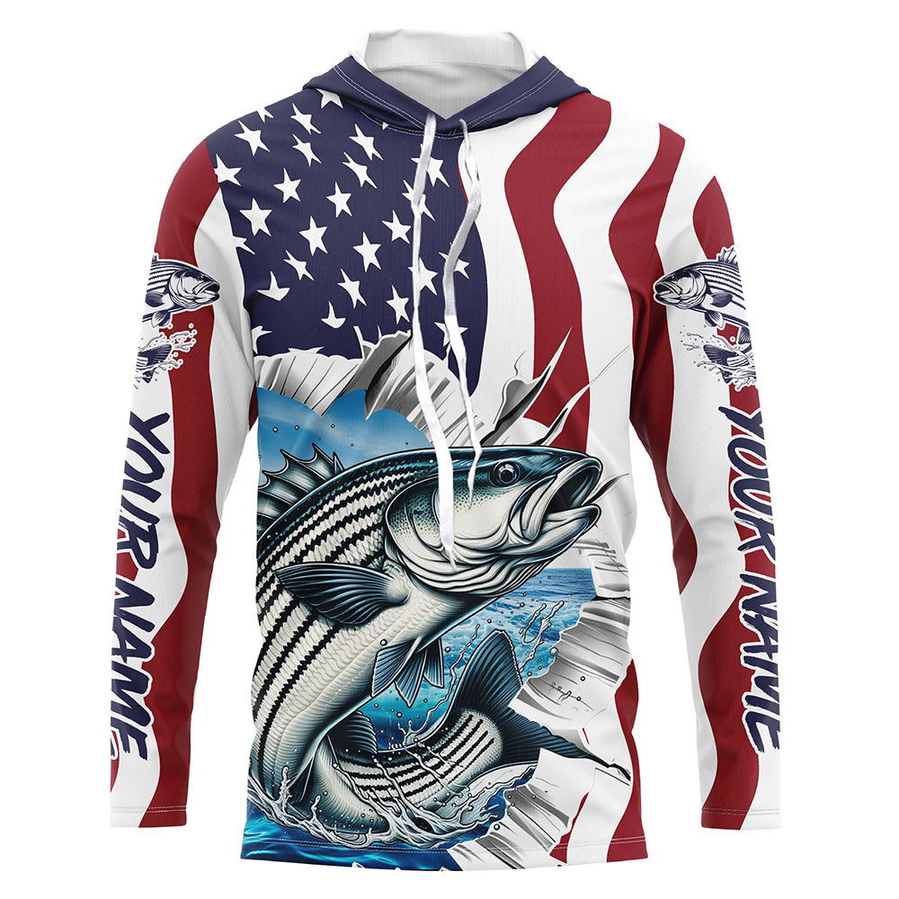 Custom American Flag Striped Bass Long Sleeve Fishing Shirts, Patriotic Striper Fishing Jerseys IPHW6117