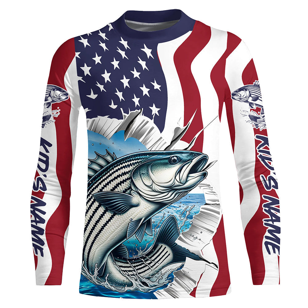 Custom American Flag Striped Bass Long Sleeve Fishing Shirts, Patriotic Striper Fishing Jerseys IPHW6117