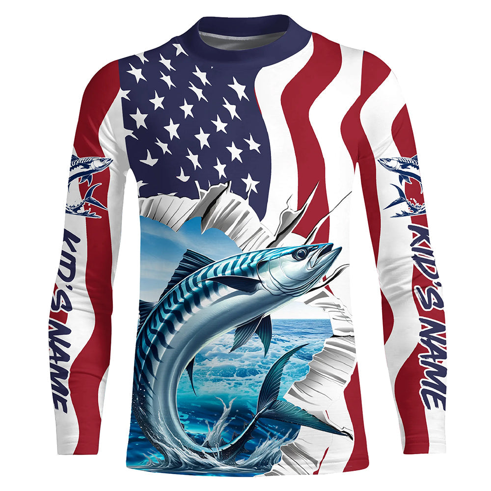 Custom American Flag King Mackerel Long Sleeve Fishing Shirts, Patriotic Kingfish Fishing Jerseys IPHW6608