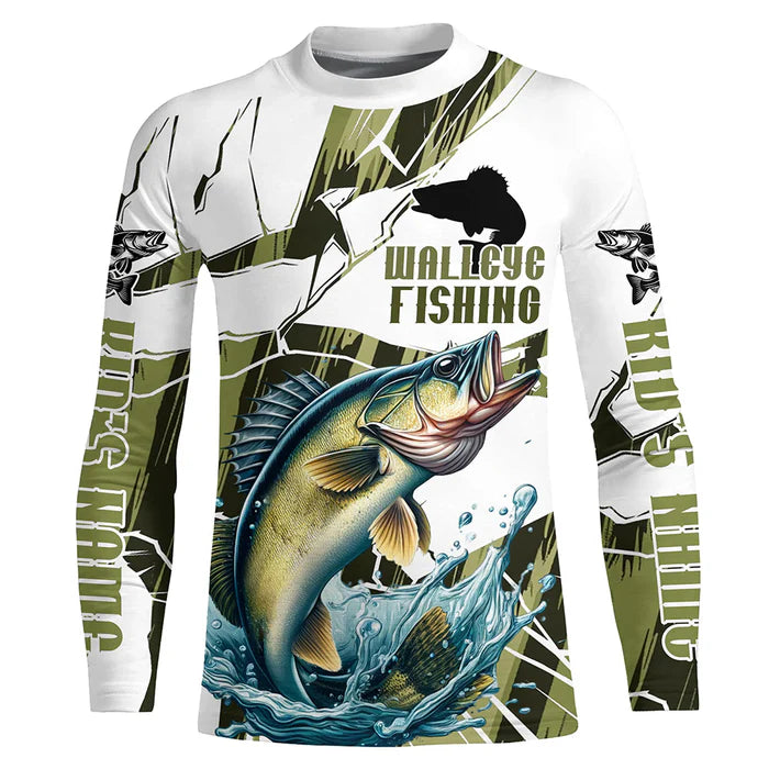 Wallyee Fishing Custom Kid Long Sleeve Tournament Shirts, Fishing Camo Walleye Fisherman Jerseys IPHW6455