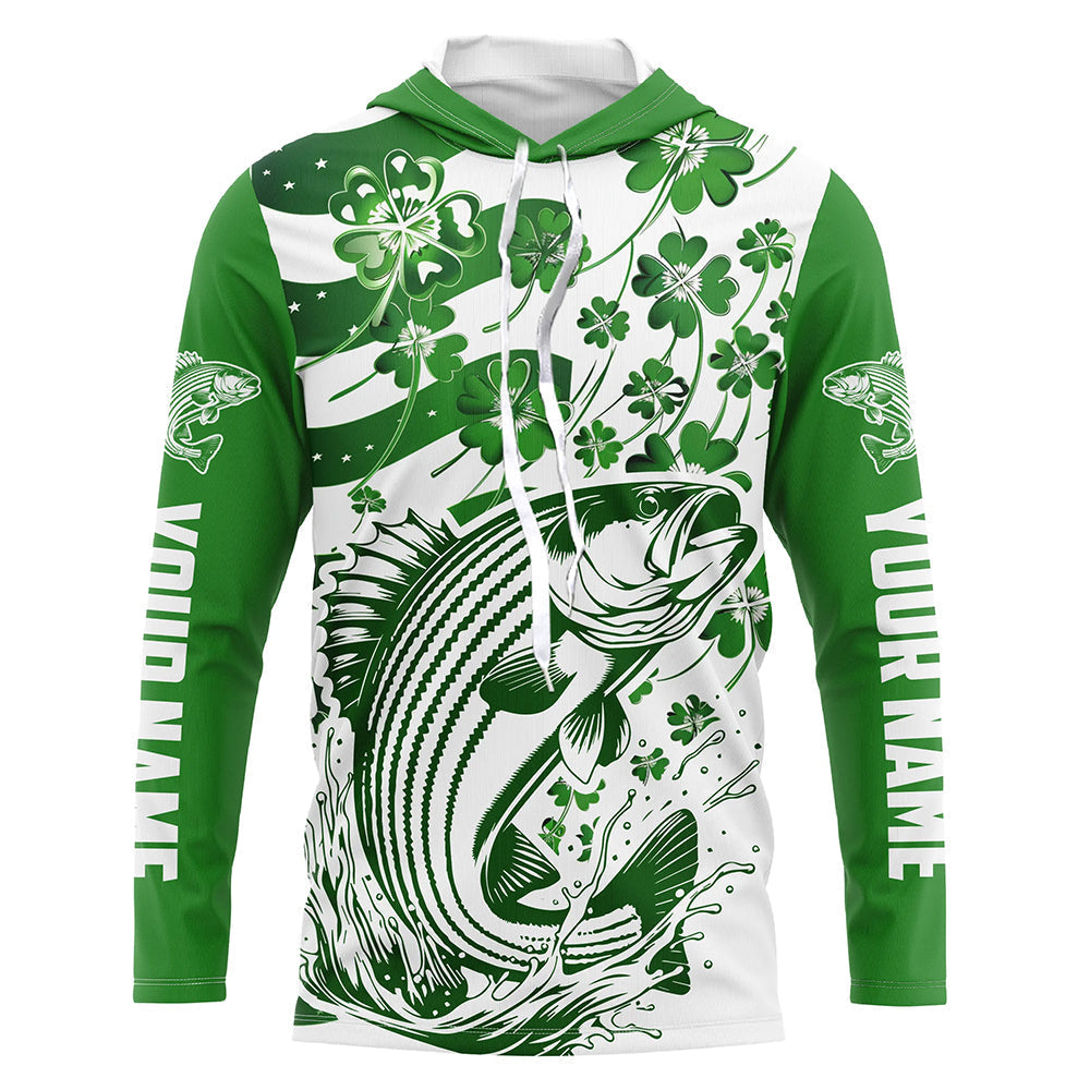 Custom St Patrick'S Day American Flag Striped Bass Fishing Shirts, Patriotic Striper Fishing Jerseys IPHW5897