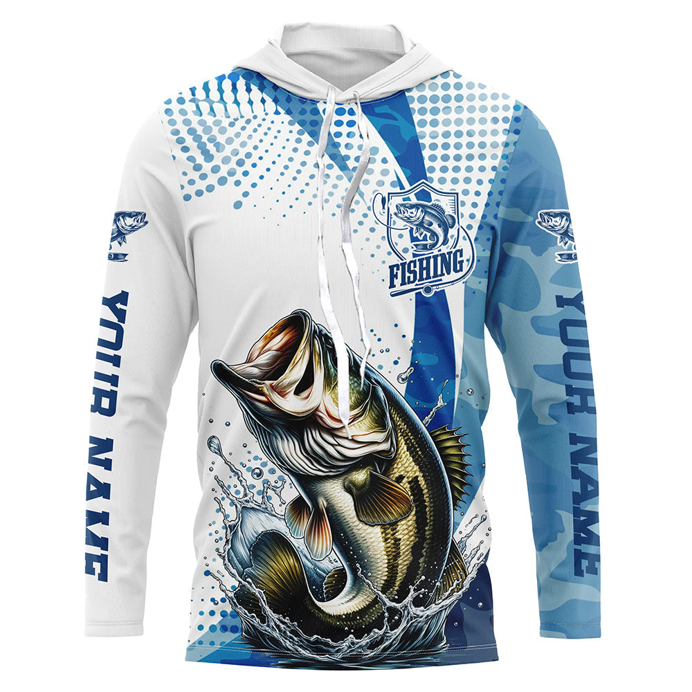 Custom Bass Long Sleeve Fishing Shirts, Bass Fishing Tournament Shirts | Blue Camo IPHW6832