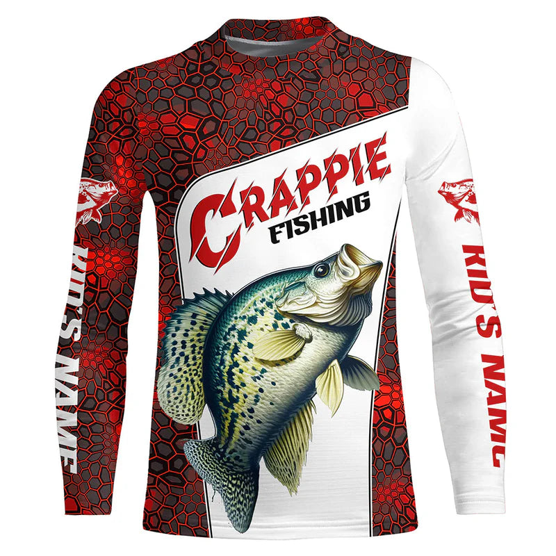 Youth Custom Red Camo Crappie Fishing Jerseys, Crappie Fishing Kid Long Sleeve Tournament Shirts Fishing Gifts IPHW6667