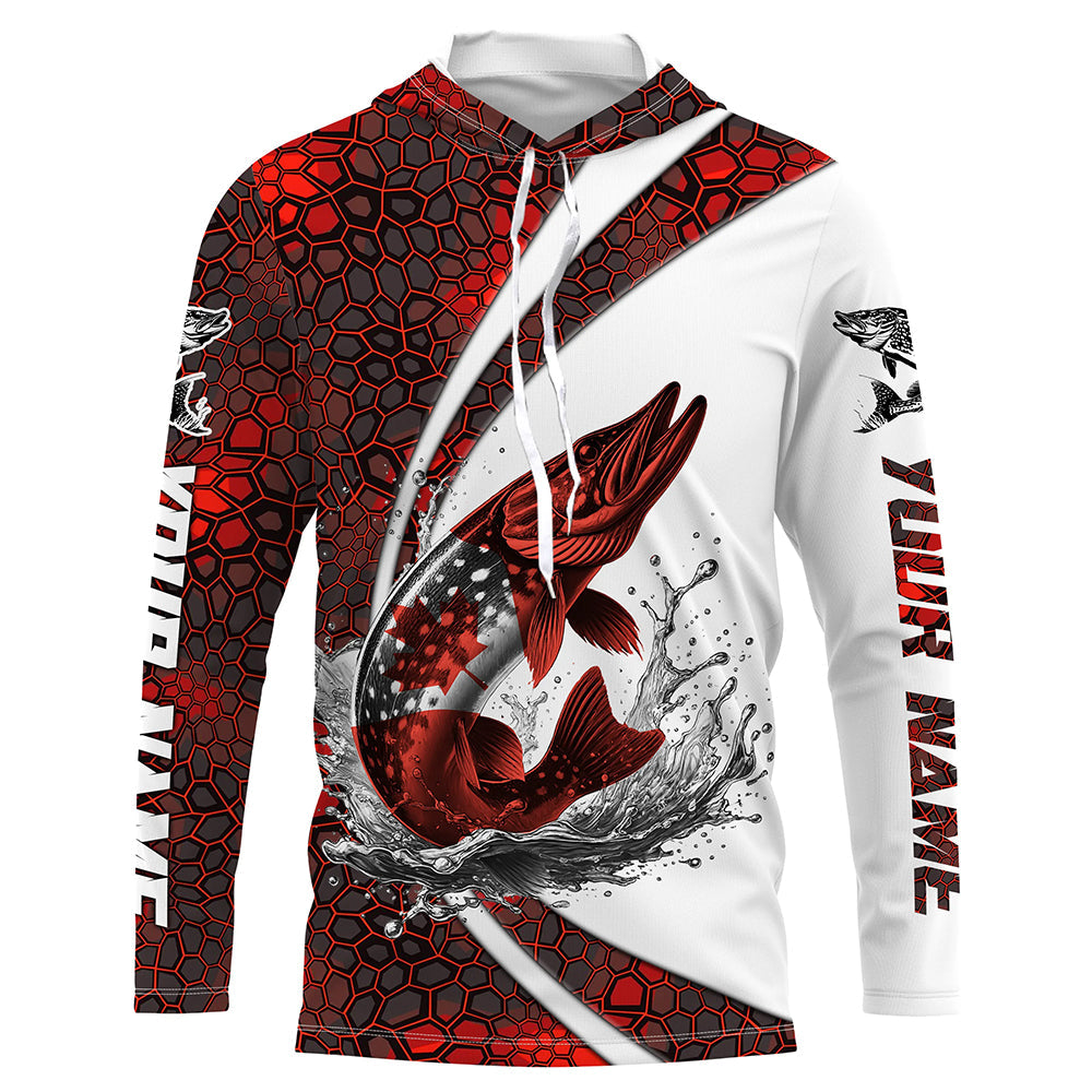 Canada Flag Pike Fishing Custom Long Sleeve Fishing Shirts, Pike Fishing Jerseys | Red Camo IPHW6841