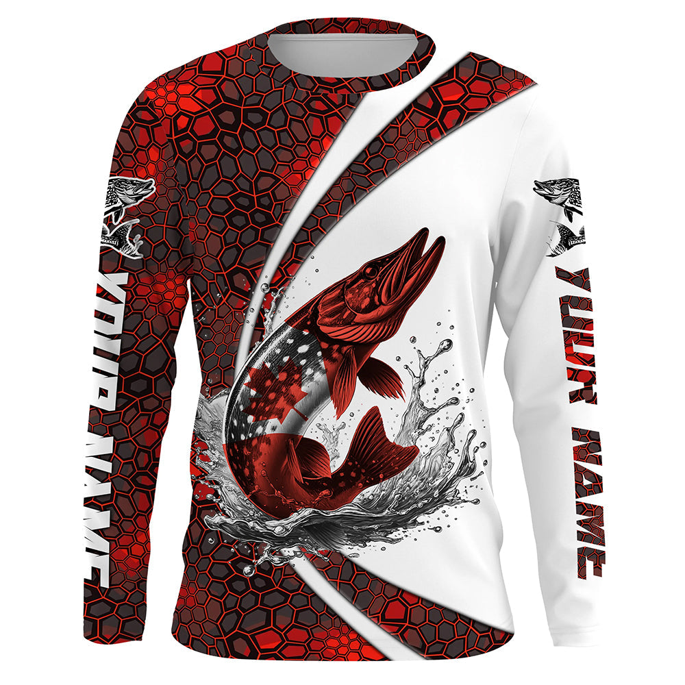 Canada Flag Pike Fishing Custom Long Sleeve Fishing Shirts, Pike Fishing Jerseys | Red Camo IPHW6841