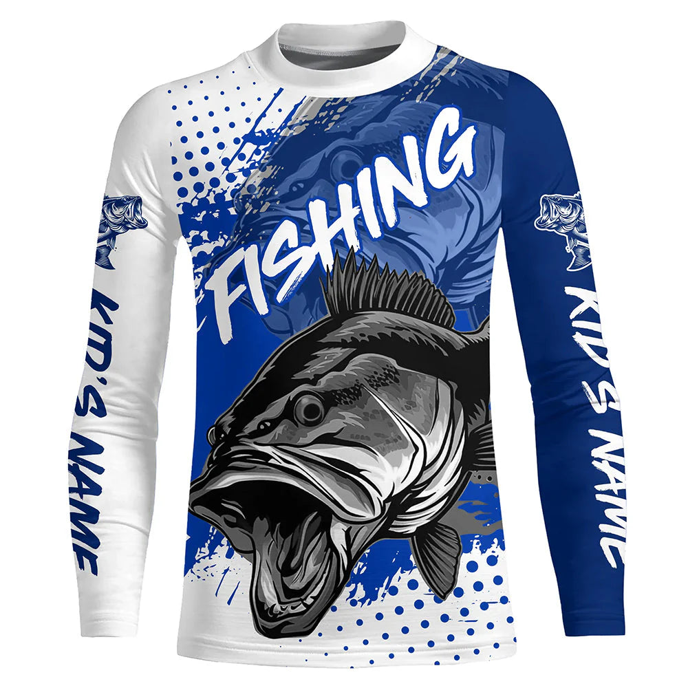 Personalized Bass Kid Long Sleeve Tournament Fishing Shirts, Custom Bass Fishing Jerseys | Blue IPHW5800