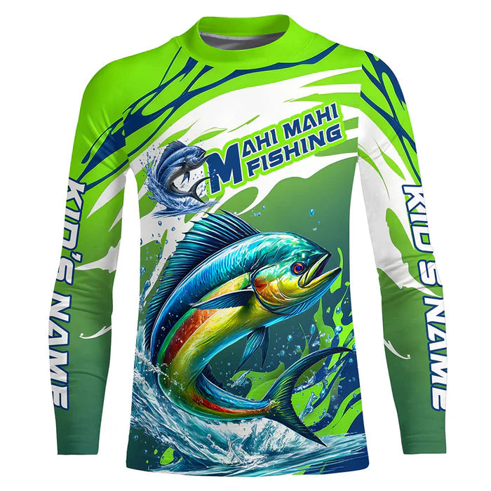 Custom Mahi Mahi Fishing Jersey, Mahimahi Kid Long Sleeve Uv Protection Fishing Shirts | Green IPHW6869