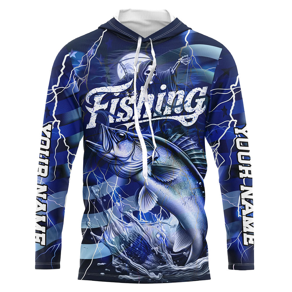 Blue Lightning American Flag Custom Walleye Fishing Long Sleeve Shirts, Fish Reaper Fishing Jerseys IPHW6685