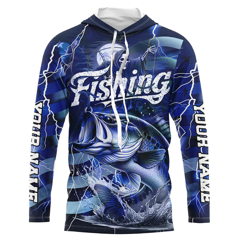Blue Lightning American Flag Custom Bass Fishing Kid Shirts, Fish Reaper Fishing Jerseys IPHW6686