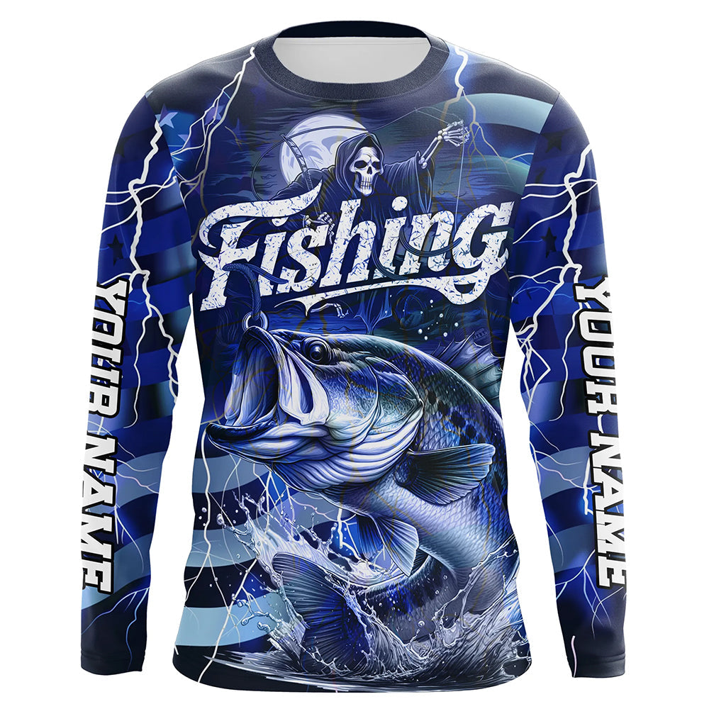 Blue Lightning American Flag Custom Bass Fishing Long Sleeve Shirts, Fish Reaper Fishing Jerseys IPHW6686