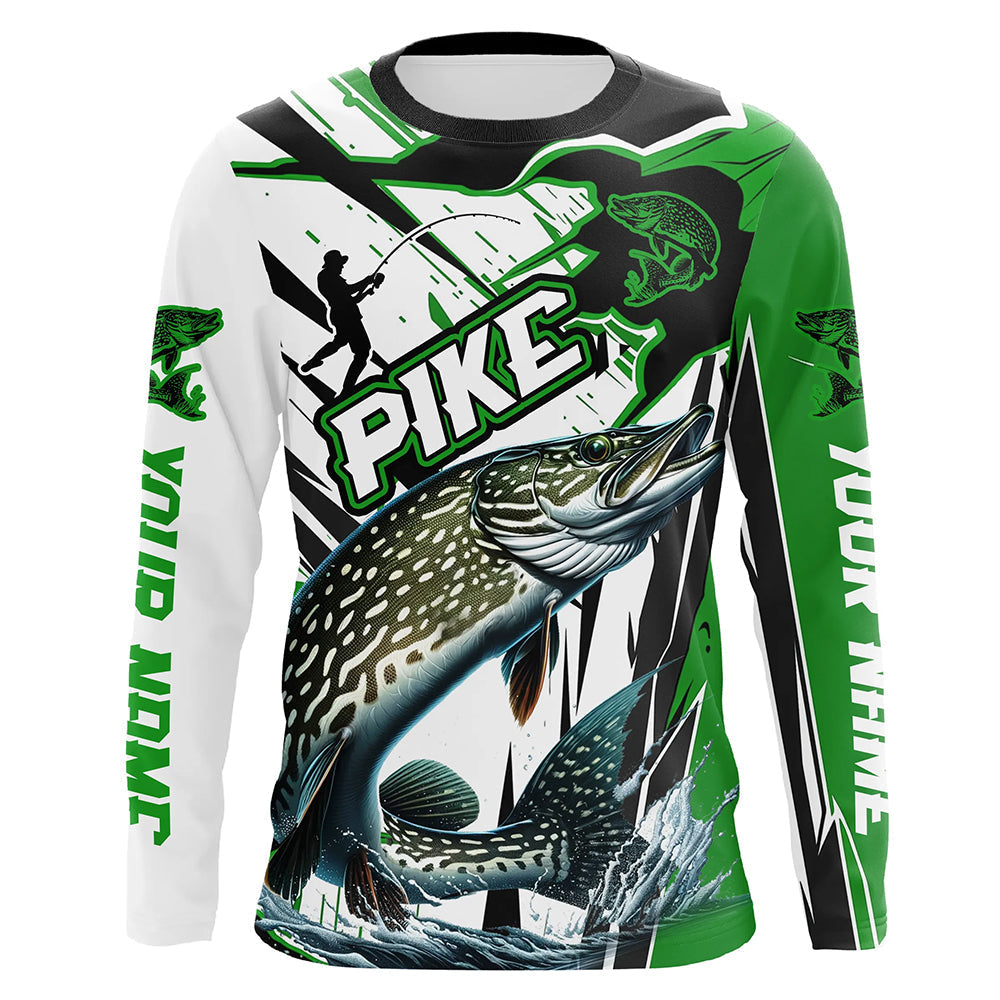 Custom Pike Long Sleeve Performance Fishing Shirts, Pike Fishing Jerseys | Green IPHW6215