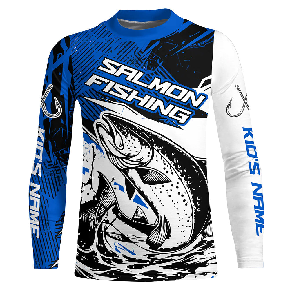 Personalized Chinook Salmon Fishing Jerseys, Salmon Performance Long Sleeve Fishing Shirts | Blue IPHW6208