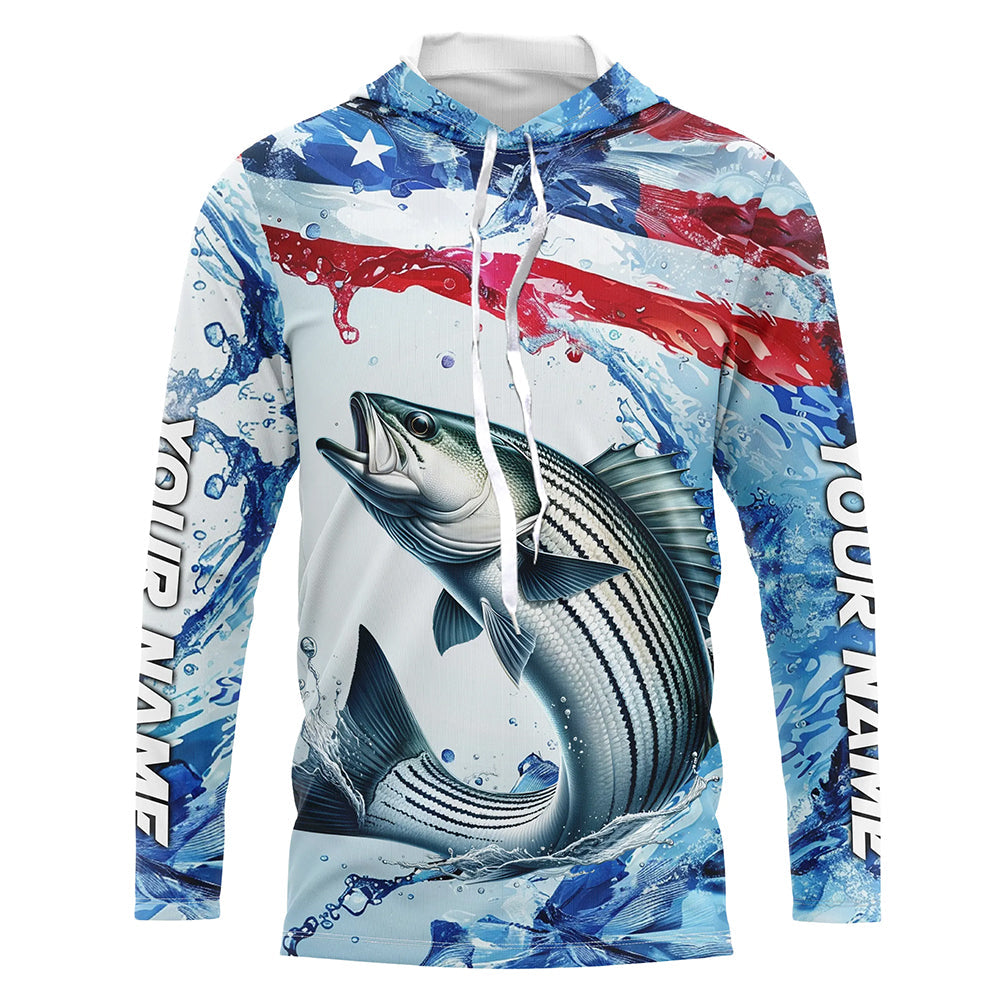 Striped Bass Fishing American Flag Saltwater Fishing Shirts, Custom Striper Fishing Jerseys IPHW6528