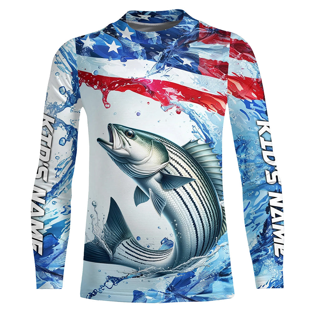 Striped Bass Fishing American Flag Saltwater Fishing Shirts, Custom Striper Fishing Jerseys IPHW6528