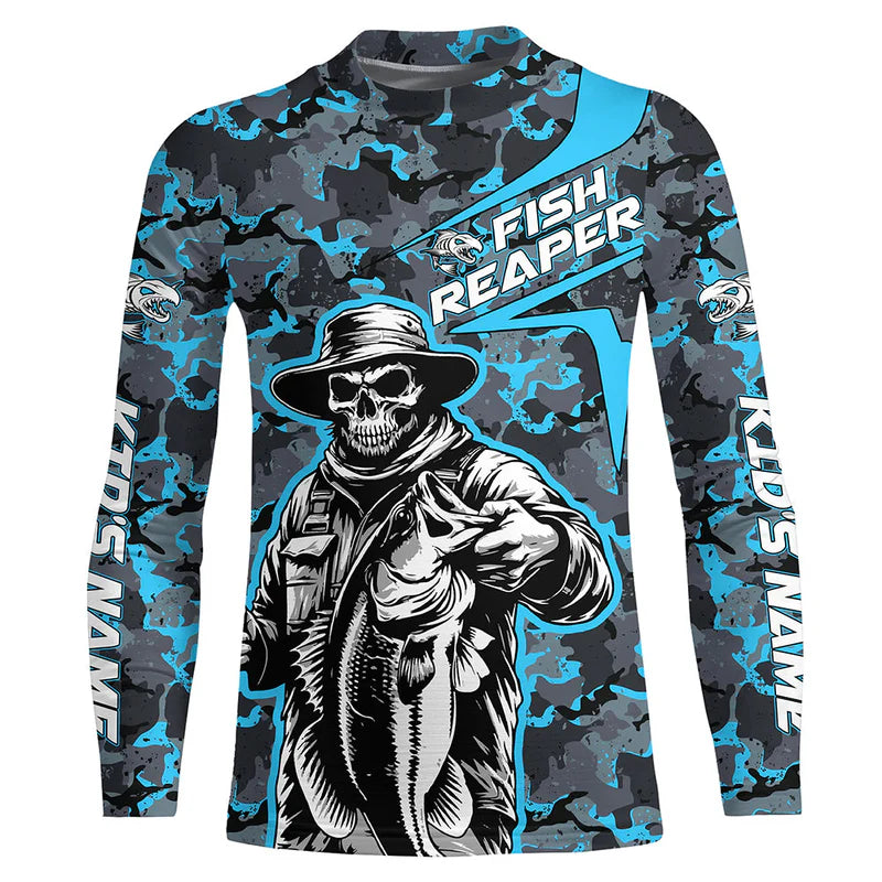 Custom Fish Reaper Skull Bass Kid Long Sleeve Fishing Shirt, Bass Hunter Blue Camo Fishing Jerseys IPHW5638