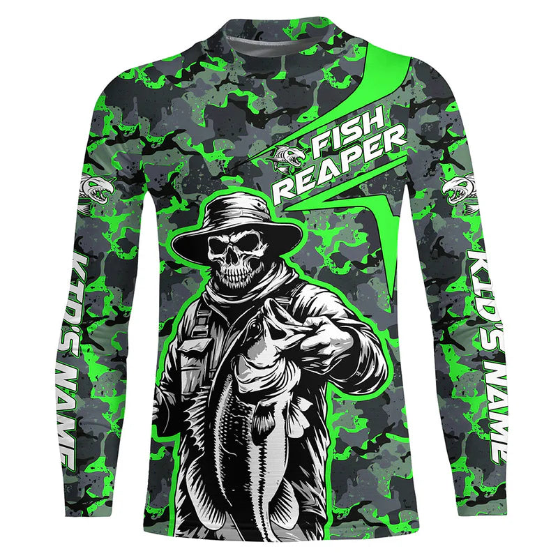 Custom Fish Reaper Skull Bass Kid Long Sleeve Fishing Shirt, Bass Hunter Green Camo Fishing Jerseys IPHW5639