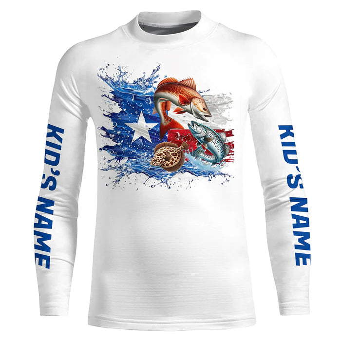 Personalized Texas Slam Redfish, Trout, Flounder Kid Long Sleeve Fishing Shirts, Texas Fishing Jerseys IPHW7053