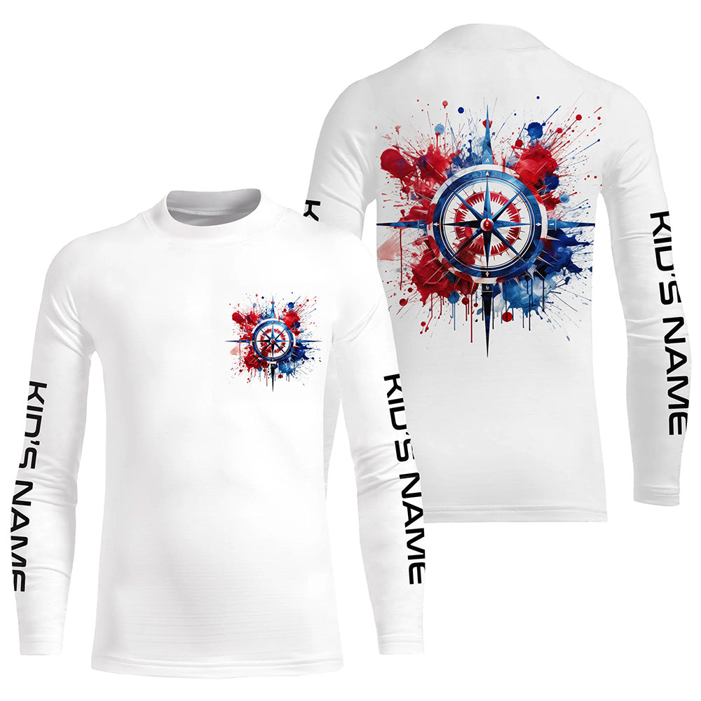 Red, White And Blue Compass Custom Performance Fishing Shirts, Patriotic Saltwater Fishing Shirts IPHW4949