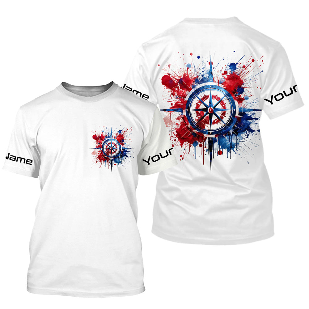 Red, White And Blue Compass Custom Performance Fishing Shirts, Patriotic Saltwater Fishing Shirts IPHW4949