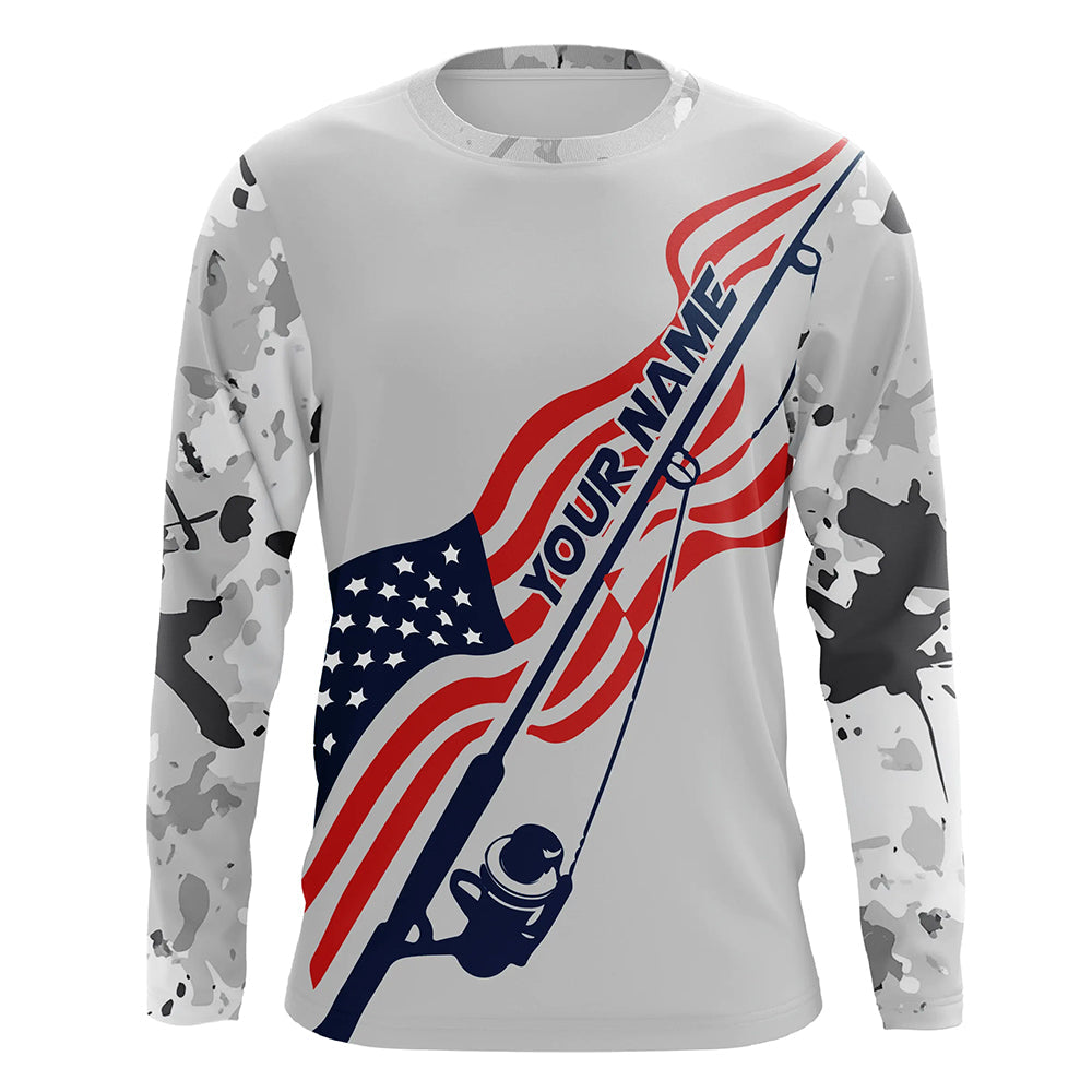 Gray Camo Us Fishing American Flag Custom Long Sleeve Patriotic Fishing Shirts Fishing Gifts IPHW7352