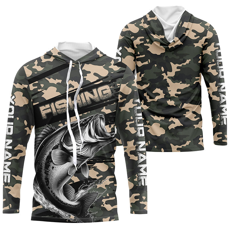 Largemouth Bass Fishing Camo Custom Long Sleeve Shirts, Patriotic Bass Fishing Jerseys IPHW6043