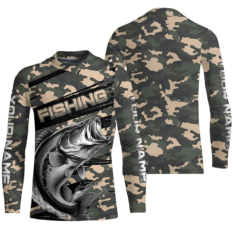 Largemouth Bass Fishing Camo Custom Long Sleeve Shirts, Patriotic Bass Fishing Jerseys IPHW6043