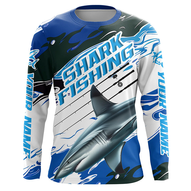 Blacktip Shark Fishing Custom Long Sleeve Performance Shirts, Shark Fishing Apparel | Blue Camo IPHW6289