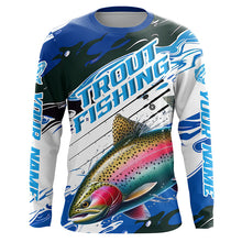 Load image into Gallery viewer, Rainbow Trout Custom Long Sleeve Fishing Shirts, Trout Fly Fishing Jerseys | Blue Camo IPHW6290
