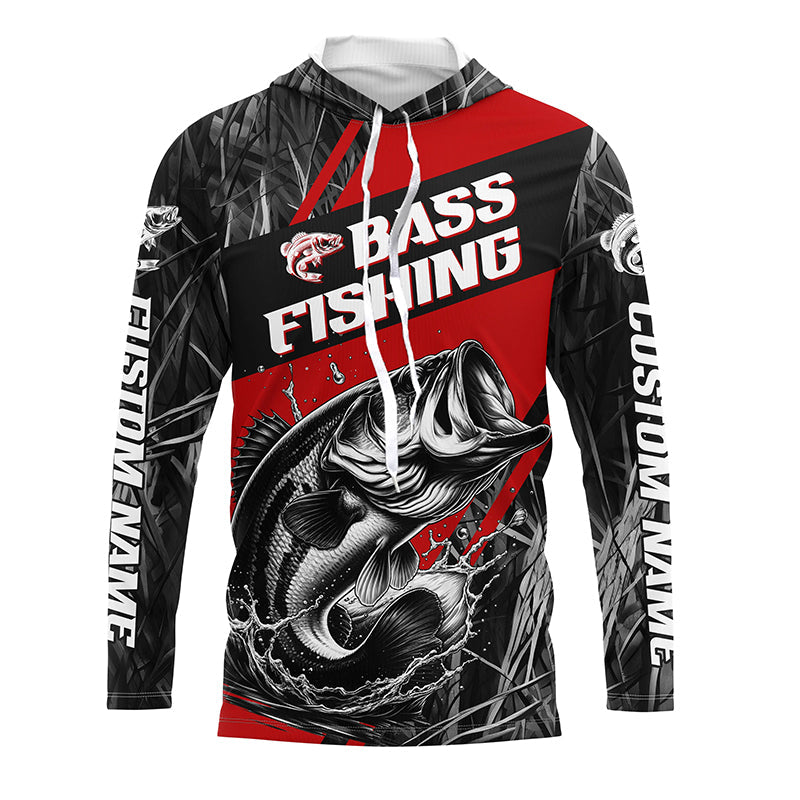 Black And Red Camo Bass Long Sleeve Tournament Fishing Shirts, Custom Bass Fishing Jerseys IPHW6315