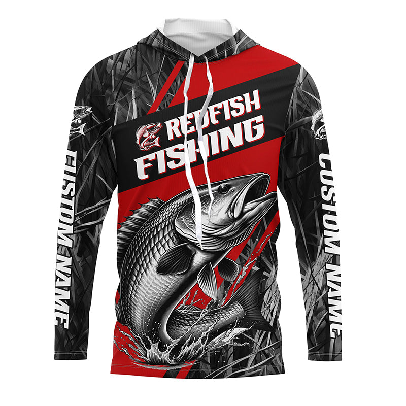 Black And Red Camo Redfish Long Sleeve Tournament Fishing Shirts, Custom Redfish Fishing Jerseys IPHW6316