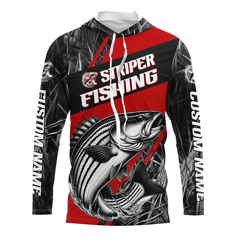 Black And Red Camo Striped Bass Long Sleeve Tournament Fishing Shirts, Custom Striper Fishing Jersey IPHW6317