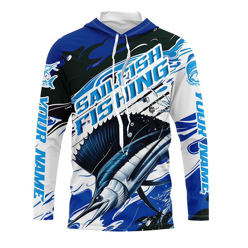 Custom Sailfish Fishing Blue Camo Long Sleeve Shirts, Sailfish Saltwater Fishing Jerseys IPHW6326