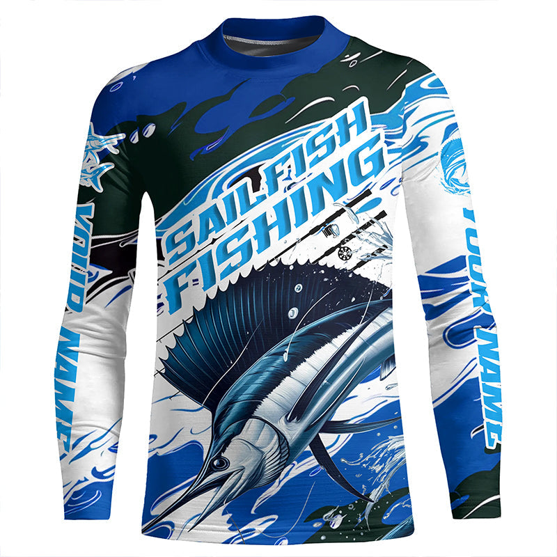 Custom Sailfish Fishing Blue Camo Long Sleeve Shirts, Sailfish Saltwater Fishing Jerseys IPHW6326