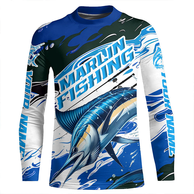 Custom Marlin Fishing Blue Camo Long Sleeve Shirts, Marlin Saltwater Fishing Jerseys IPHW6327