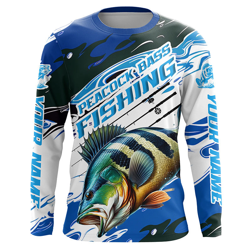 Custom Peacock Bass Fishing Blue Camo Long Sleeve Shirts, Peacock Bass Fishing Jerseys IPHW6328