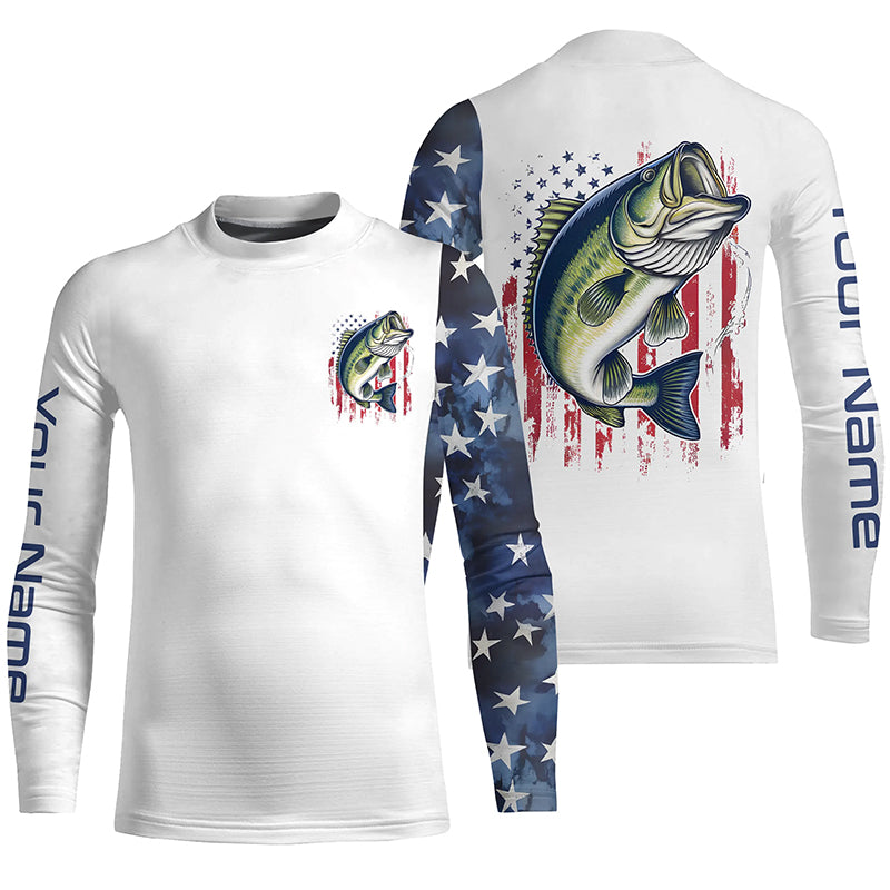 American Flag Largemouth Bass Custom Kid Long Sleeve Fishing Shirts, US Patriotic Bass Fishing Shirt IPHW7900