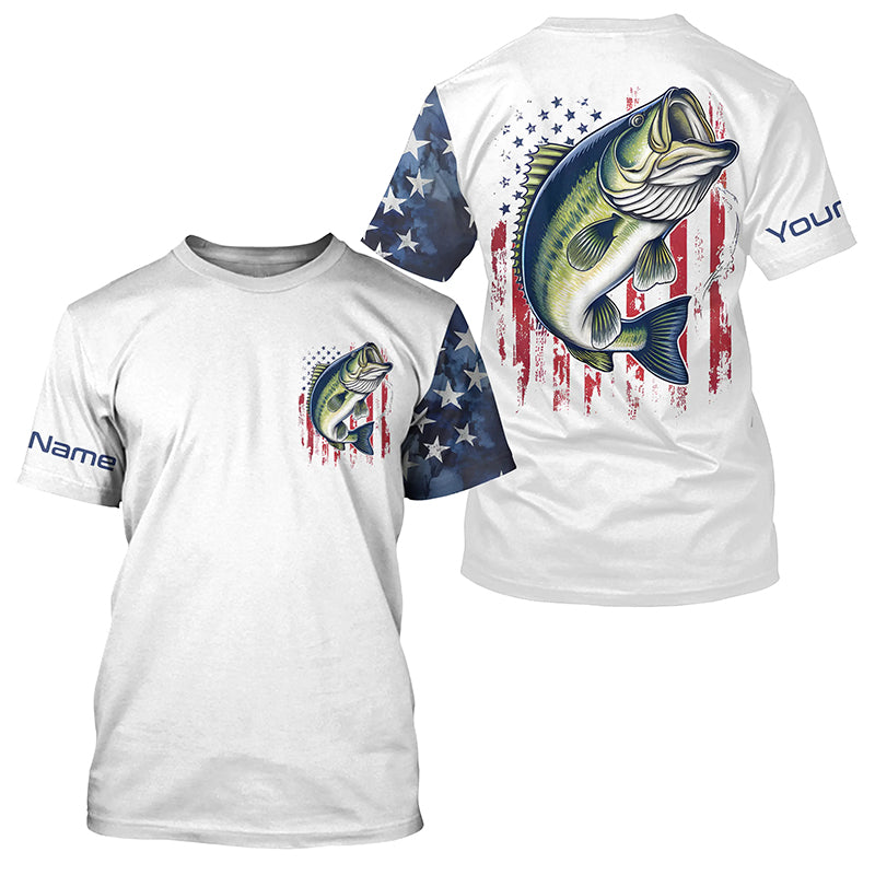 American Flag Largemouth Bass Custom Fishing T-Shirts, US Patriotic Bass Fishing Shirt IPHW7900