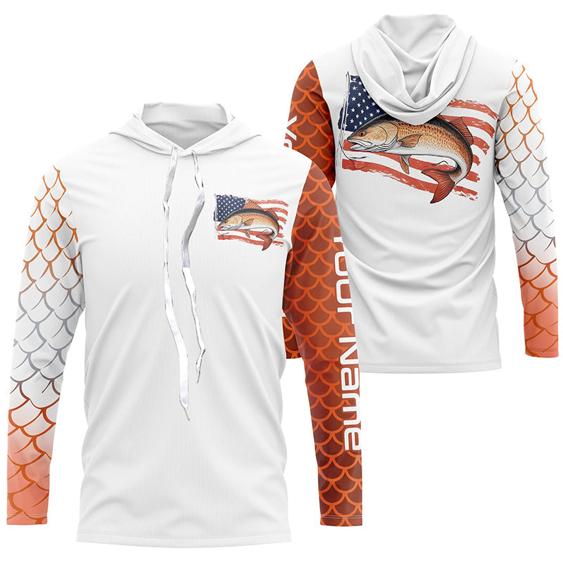 Red Drum Fishing Custom Long Sleeve Hooded Fishing Shirts, Patriotic Redfish Fishing Shirt IPHW7901