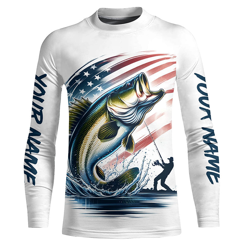 Personalized American Flag Bass Long Sleeve Fishing Shirts, Patriotic Bass Fishing Jerseys IPHW6045