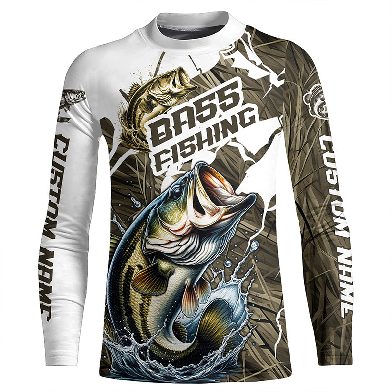 Custom Bass Fishing Jerseys, Largemouth Bass Long Sleeve Fishing League Shirts | Grass Camo IPHW6361