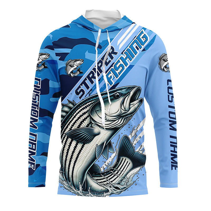 Custom Striped Bass Fishing Long Sleeve Shirts, Striper Saltwater Fishing Jerseys | Blue Camo IPHW6371