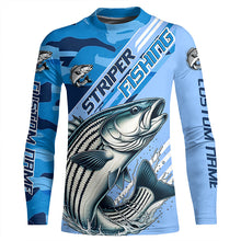 Load image into Gallery viewer, Custom Striped Bass Fishing Long Sleeve Shirts, Striper Saltwater Fishing Jerseys | Blue Camo IPHW6371
