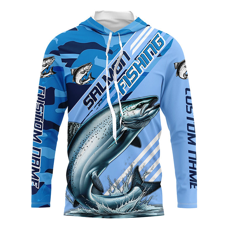 Custom Chinook Salmon Fishing Long Sleeve Shirts, King Salmon Saltwater Fishing Jerseys | Blue Camo IPHW6372