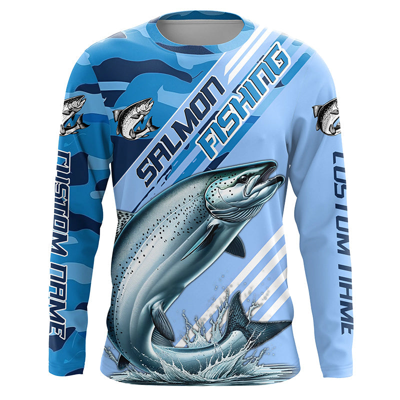 Custom Chinook Salmon Fishing Long Sleeve Shirts, King Salmon Saltwater Fishing Jerseys | Blue Camo IPHW6372