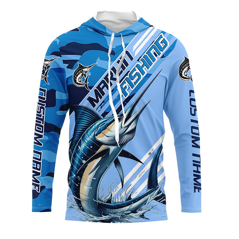 Custom Marlin Fishing Long Sleeve Shirts, Marlin Saltwater Fishing Jerseys | Blue Camo IPHW6373