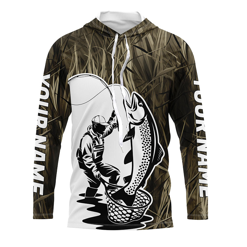 Custom Trout Fishing Camo Long Sleeve Fishing Shirts, Trout Tournament Fly Fishing Shirt IPHW7438