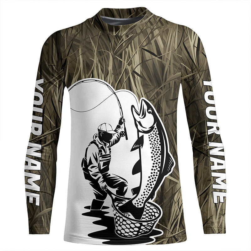 Custom Trout Fishing Camo Long Sleeve Fishing Shirts, Trout Tournament Fly Fishing Shirt IPHW7438